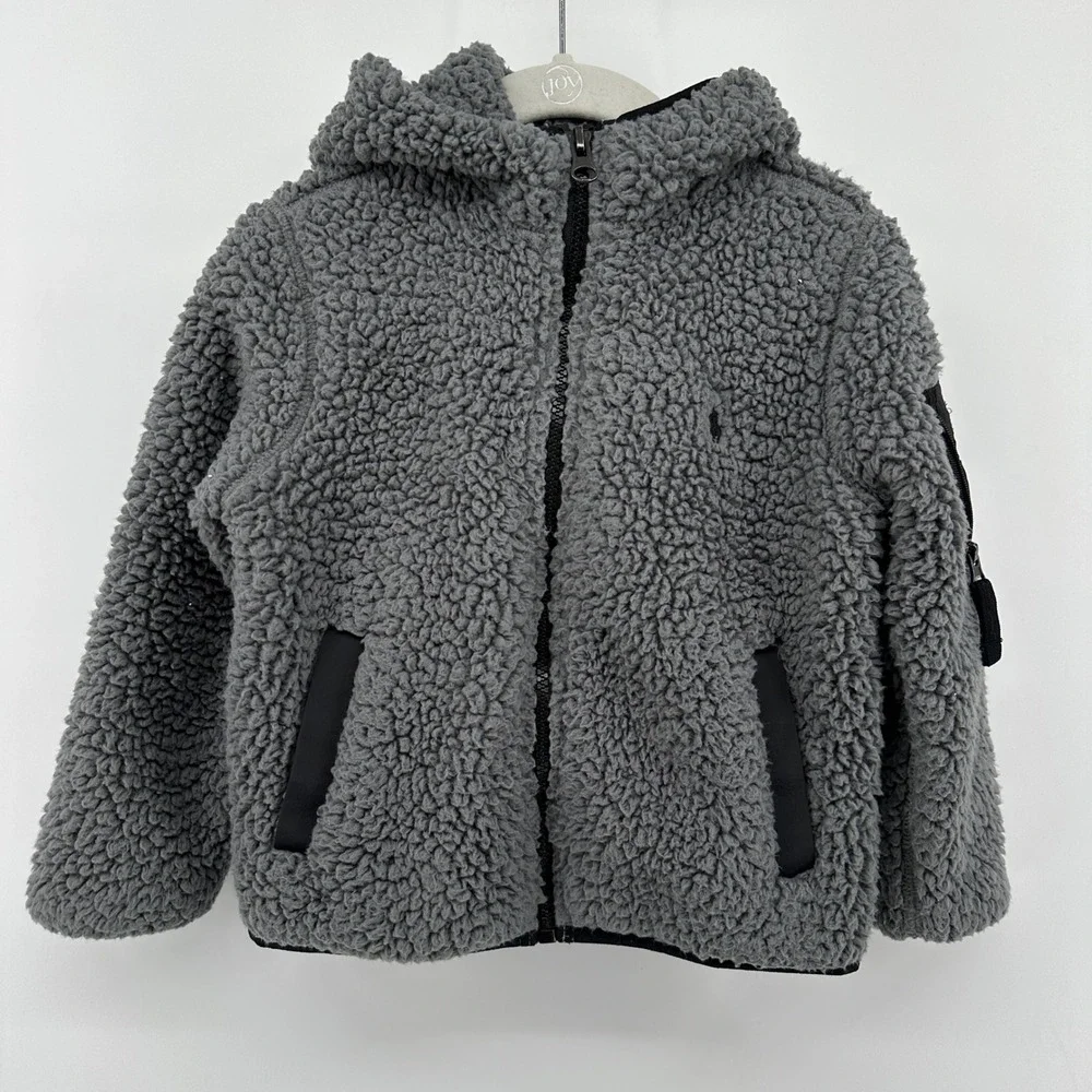 Polo Ralph Lauren Toddler Boys Gray Sherpa Fleece Full Zip Hooded Jacket 3T